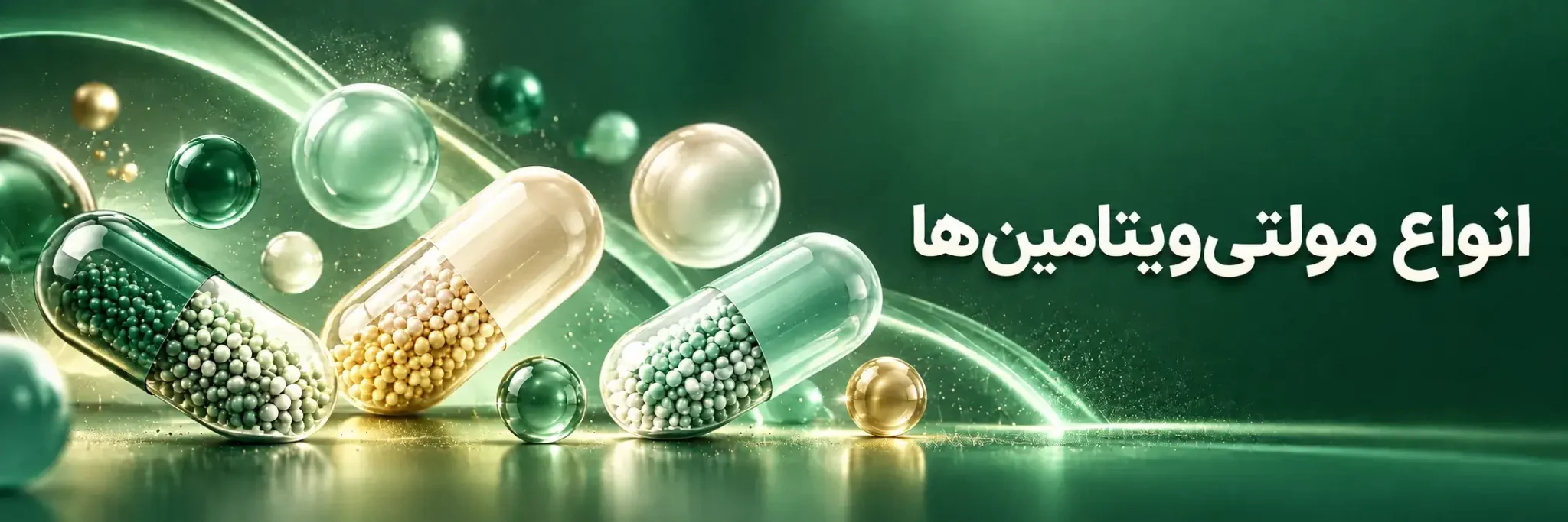 بنر مولتی ویتامین‌ها با تصویر کپسول‌های رنگی