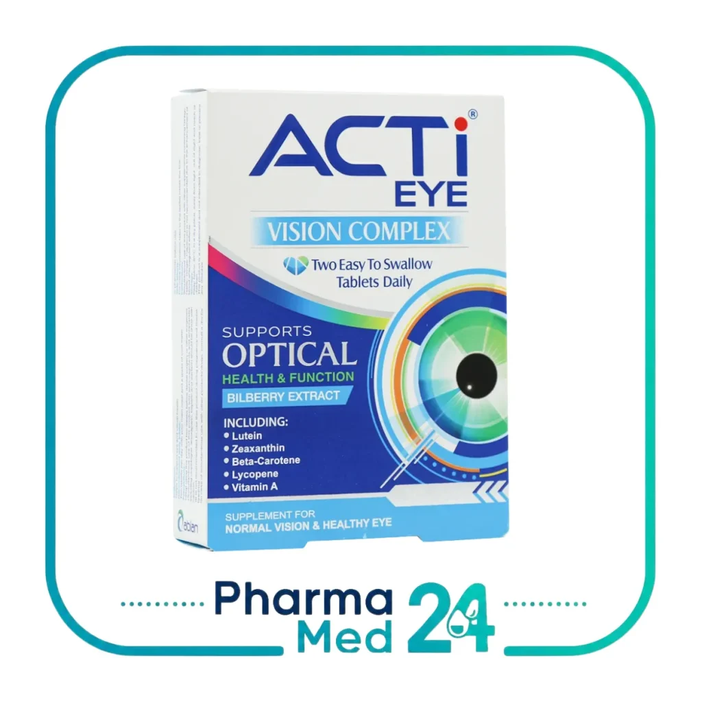 قرص اکتی آی ابیان دارو 30 عددی ACTi EYE Vision Complex مکمل سلامت چشم حاوی لوتئین و زآگزانتین با جعبه سفید و آبی