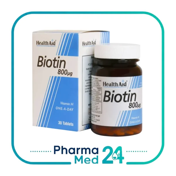 قرص بیوتین 800 میکروگرم هلث اید 30 عددی HealthAid Biotin 800µg در بطری قهوه‌ای با برچسب سفید و آبی