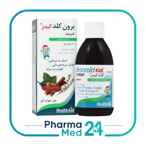 شربت برون کلد کیدز 200 میلی لیتر هلث اید، بطری و جعبه سفید و سبز Broncold Kids حاوی آویشن، عشقه و شیرین‌بیان