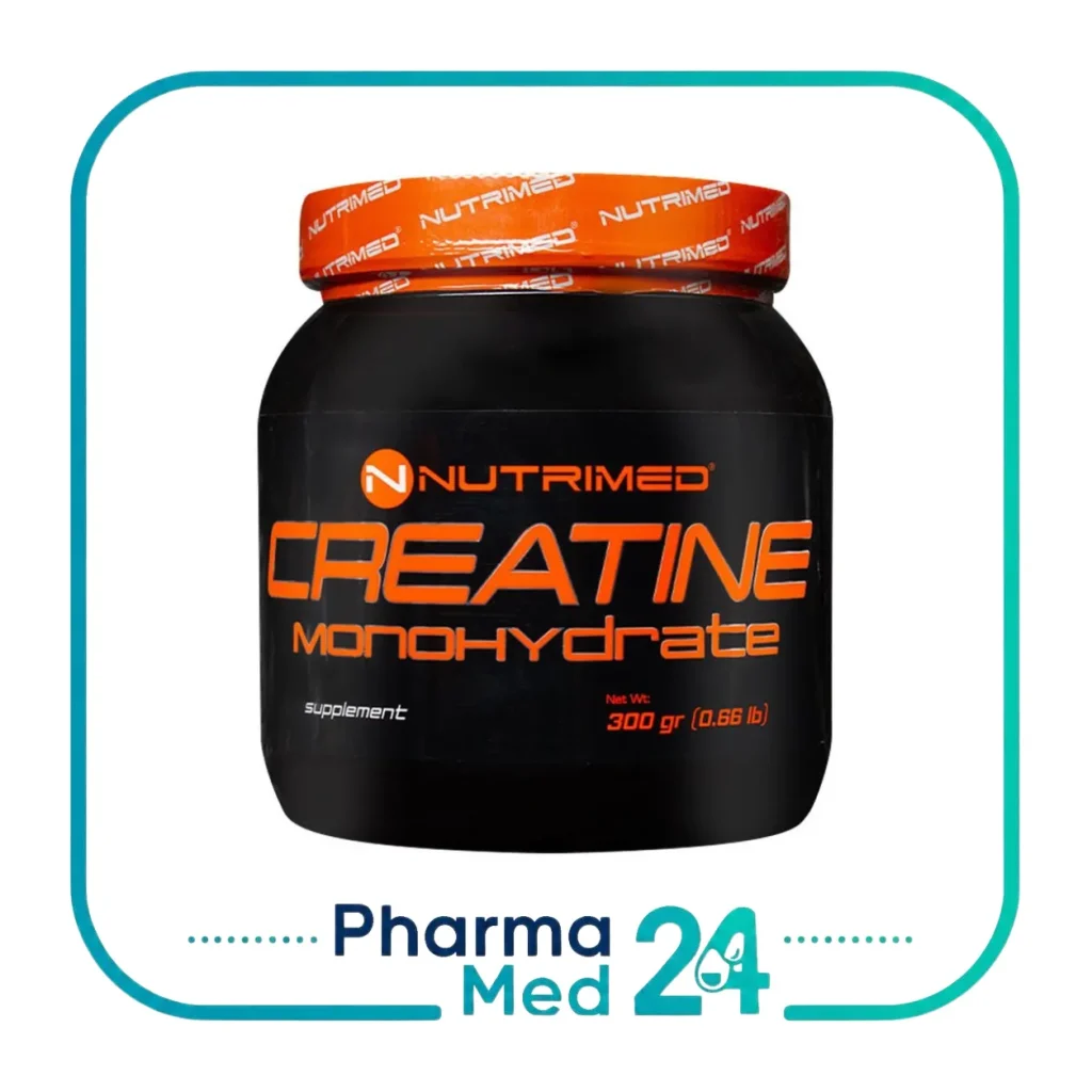 پودر کراتین مونوهیدرات نوتریمد ۳۰۰ گرمی Nutrimed Creatine Monohydrate در قوطی مشکی با درب نارنجی و ۶۰ وعده ۵ گرمی