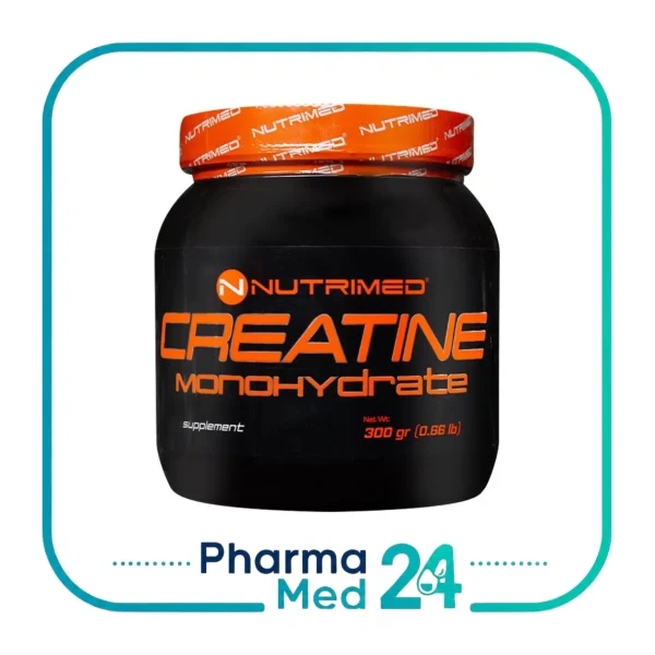 پودر کراتین مونوهیدرات نوتریمد ۳۰۰ گرمی Nutrimed Creatine Monohydrate در قوطی مشکی با درب نارنجی و ۶۰ وعده ۵ گرمی