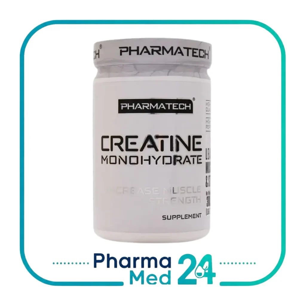 پودر کراتین مونوهیدرات فارماتک 300 گرمی Pharmatech Creatine Monohydrate مکمل ورزشی در قوطی سفید با درب سفید و نوشته مشکی