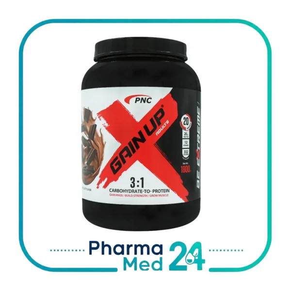 پودر گین آپ بزرگسالان 1800 گرمی طعم شکلات پی ان سی PNC Gain Up Adults با نسبت کربوهیدرات به پروتئین 3 به 1 در قوطی مشکی و قرمز