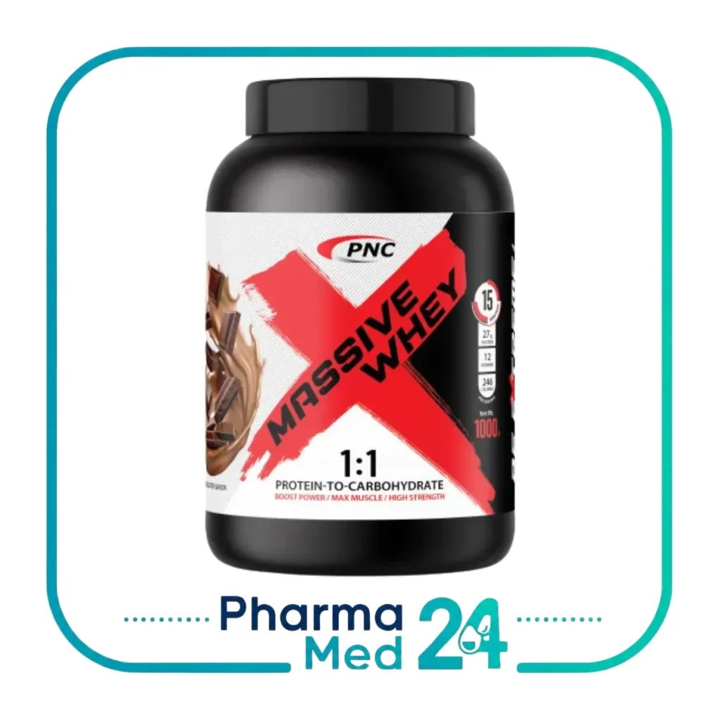 پودر مسیو وی پی ان سی ۱۰۰۰ گرمی طعم شکلات PNC Massive Whey با نسبت پروتئین به کربوهیدرات ۱ به ۱ در قوطی مشکی و قرمز