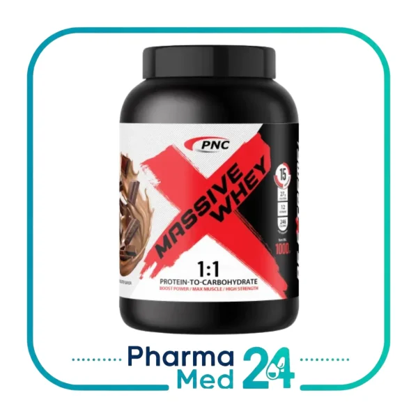 پودر مسیو وی پی ان سی ۱۰۰۰ گرمی طعم شکلات PNC Massive Whey با نسبت پروتئین به کربوهیدرات ۱ به ۱ در قوطی مشکی و قرمز