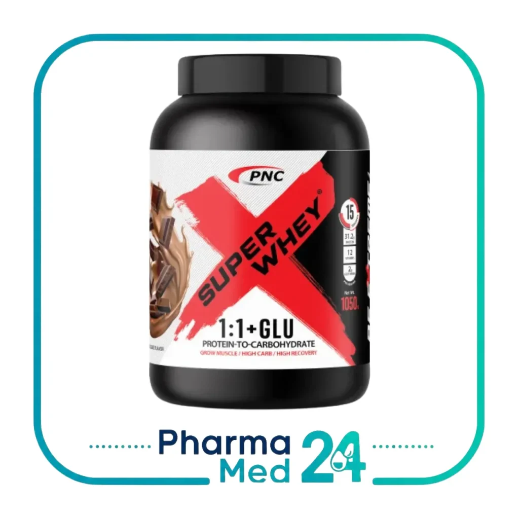 پودر سوپر وی پی ان سی ۱۰۵۰ گرمی طعم شکلات PNC Super Whey با فرمول 1:1+GLU و قوطی مشکی با طرح ضربدر قرمز