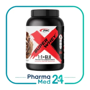 پودر سوپر وی پی ان سی ۱۰۵۰ گرمی طعم شکلات PNC Super Whey با فرمول 1:1+GLU و قوطی مشکی با طرح ضربدر قرمز