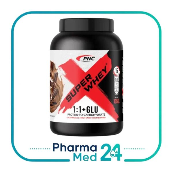 پودر سوپر وی پی ان سی ۱۰۵۰ گرمی طعم شکلات PNC Super Whey با فرمول 1:1+GLU و قوطی مشکی با طرح ضربدر قرمز