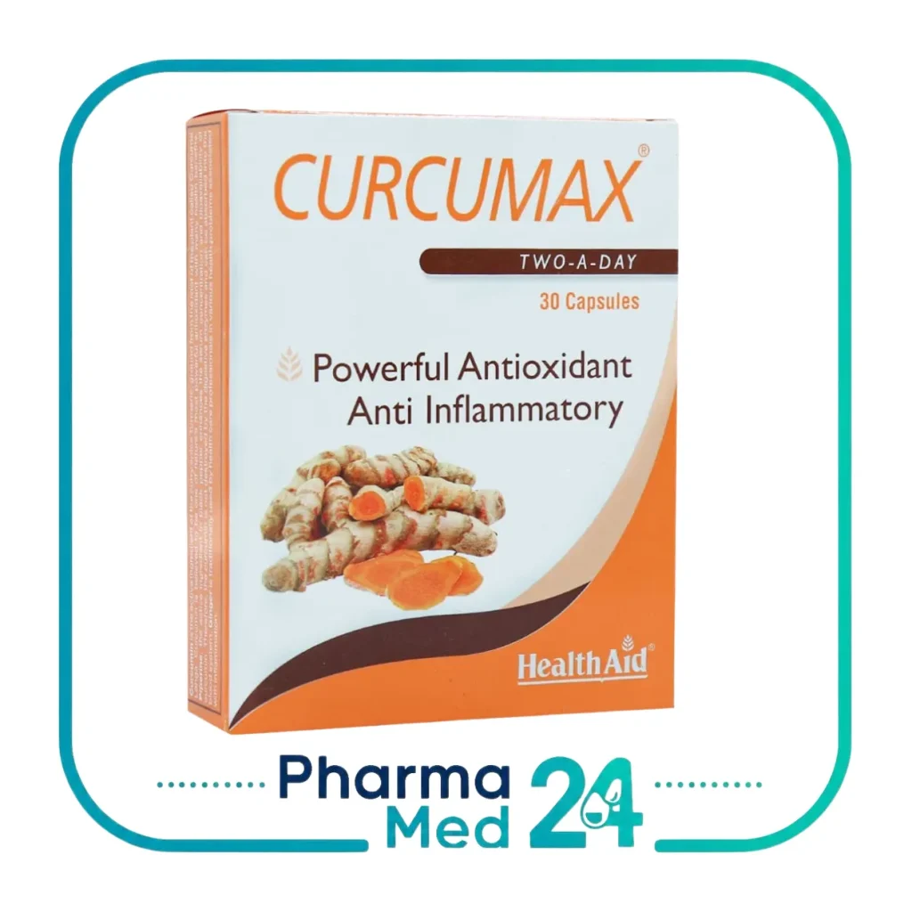کپسول کورکومکس هلث اید 30 عددی HealthAid Curcumax حاوی عصاره زردچوبه، زنجبیل و فلفل سیاه در جعبه سفید و نارنجی