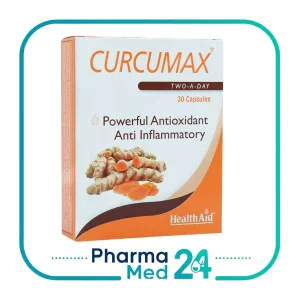 کپسول کورکومکس هلث اید 30 عددی HealthAid Curcumax حاوی عصاره زردچوبه، زنجبیل و فلفل سیاه در جعبه سفید و نارنجی