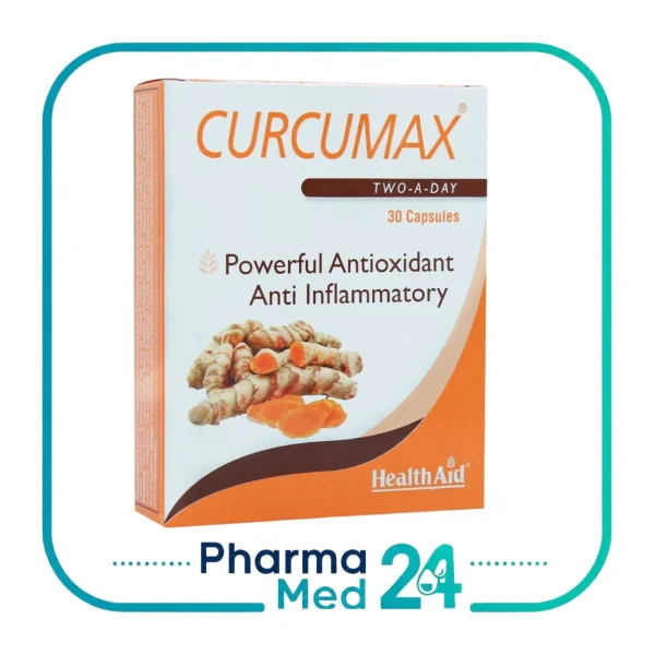 کپسول کورکومکس هلث اید 30 عددی HealthAid Curcumax حاوی عصاره زردچوبه، زنجبیل و فلفل سیاه در جعبه سفید و نارنجی